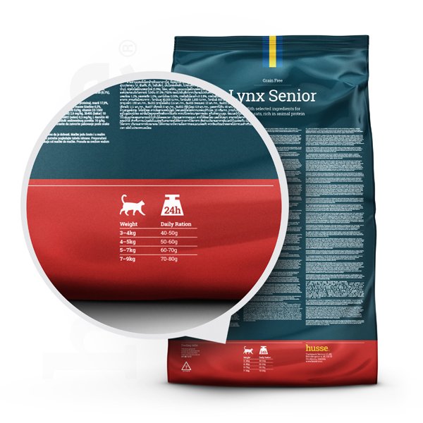 Ration journalière de croquettes sans céréales pour chat âgé au poulet Husse Lynx Senior