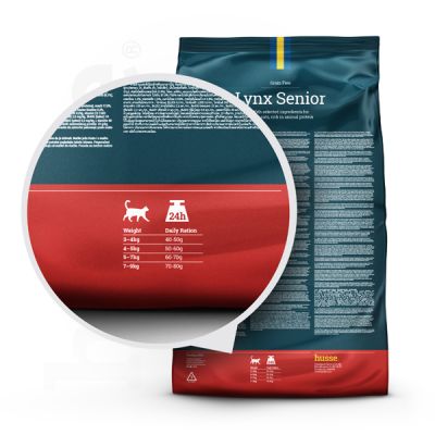 Ration journalière de croquettes sans céréales pour chat âgé au poulet Husse Lynx Senior